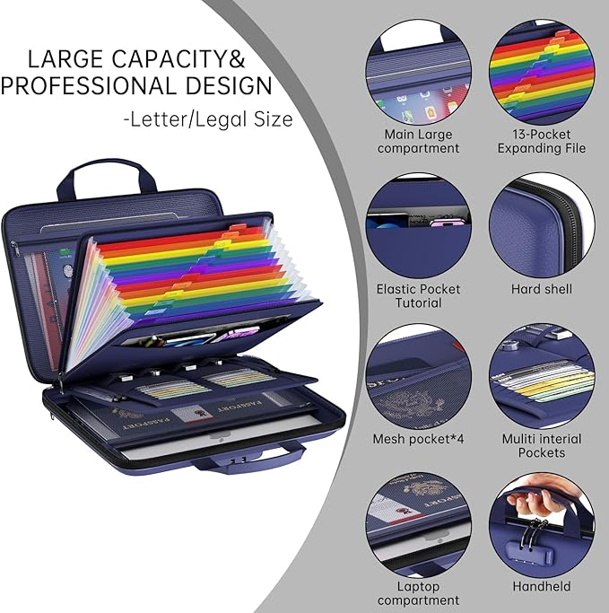 Fireproof File Organizer,Fireproof Document Box with Lock,Large 13 Pocket Expanding File Folder,Hard-Shell Portable Safe Stor