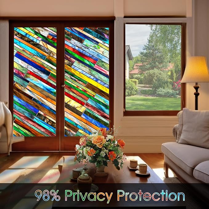 SUNBABY Stained Glass Window Privacy Film: 3D Decorative Vintage Static Clings, Day and Night Privacy, Renter-Friendly Non-Adhesive Sticker for Home Bathroom Door Window Coverings,16.9 x 39.4 Inch