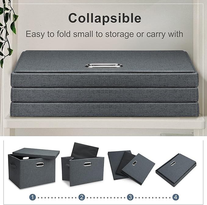 Graciadeco Large 17" 36 Quart Collapsible Stackable Storage Bins with Lids, 3 Packs Dark Gray Foldable Fabric Closet Storage 