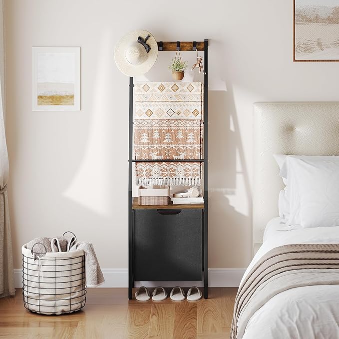 MAHANCRIS Blanket Ladder, 4-Tier Towel Rack with Pull-Out Laundry Basket & Removable Hooks, Ladder Shelf Stand, Wall-Leaning 
