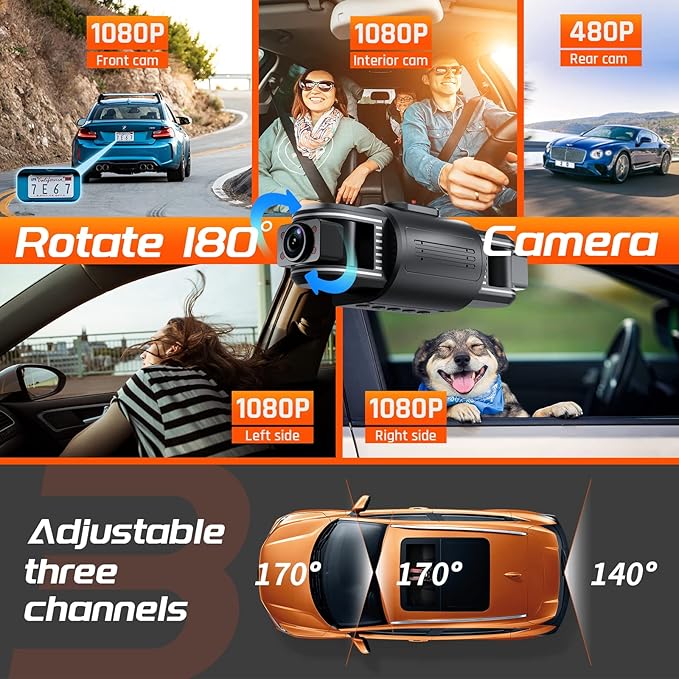 iiwey T1-pro Dash Cam Front and Rear Inside 3 Channel 1080P, Adjustable Lens Dash Camera for Cars with 8 IR Lamps Night Visio