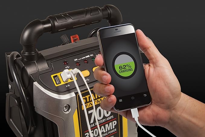 Stanley J7CS 700 Peak Amp Automotive Jump Starter, Portable Power - Triple 15W USB Ports, 120 PSI Air Compressor