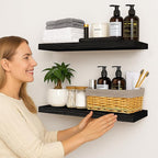 BGMG Wood Floating Shelves for Wall 24 inch,Black Floating Shelves,Solid Wood Wall Mount Shelves for Bathroom Living Room Bed