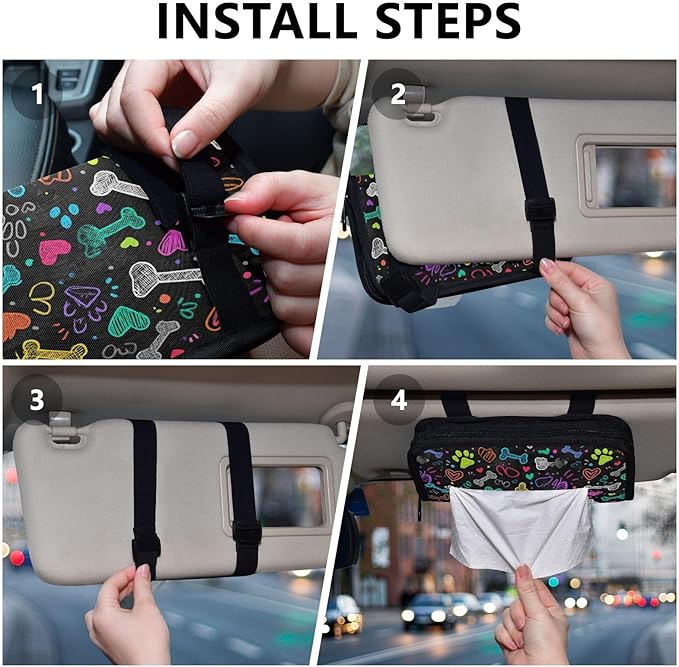 Car Tissue Holder Car Visor Organizer Tissue Box Holder for Car Sun Visor Organizer with Car Vehicle Accessories Essentials Interior for Women Men Black Art Paw Print and Hearts