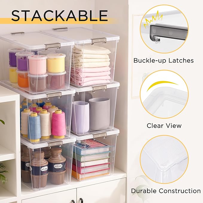 Citylife 7.8 QT 6 Pack Small Storage Bins Plastic Storage Container Stackable Box with Lids for Organizing, Clear White