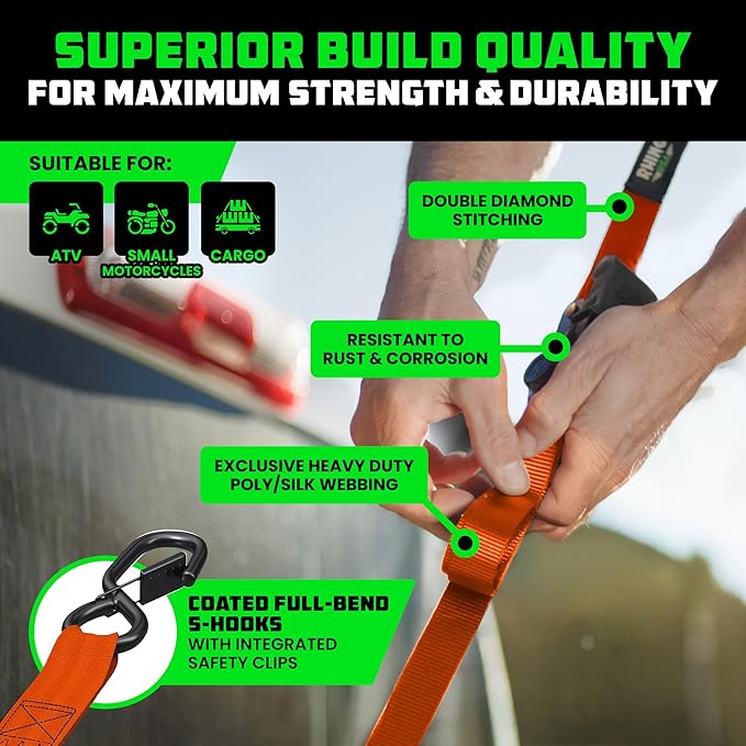 Rhino USA Retractable Ratchet Straps (2-Pack) - 1 Inch x 10 Feet (1,209lb Break Strength) - Auto Self Retracting Tie Down Straps for Truck, Cargo Trailer, Motorcycle, ATV, UTV - Orange
