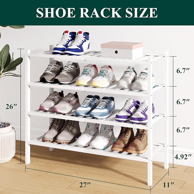 Smiry Bamboo Shoe Rack for Closet, 4 Tier Wooden Stackable Shoe Organizer, Free Standing Shoes Storage Shelf for Entryway, Fr
