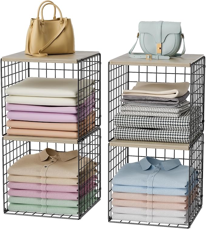 Hencawima 4-Tier Stackable Closet Organizers and Storage, Dual-Layer Reinforced Clothing Cube Shelves with Wood Tops, Sturdy 