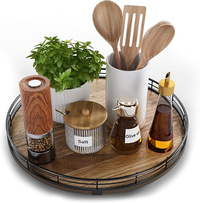 Acacia Wood 13" Lazy Susan Turntable Organizer for Table Top, Farmhouse Round Wooden Lazy Susan for Cabinet Kitchen Centerpie