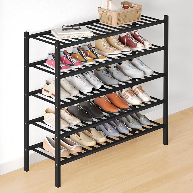Smiry Bamboo Shoe Rack for Closet, 5 Tier Long Wooden Stackable Shoe Organizer, Free Standing Shoes Storage Shelf for Entrywa