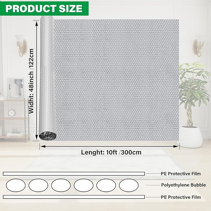 winemana Window Insulation Roll, 48IN x 10FT Reflective Heat Shield Bubble Film, Double-Sided Aluminum Foil Insulation, Weatherproof Garage Door Cover for Windows, RV, Basement, Winter & Summer