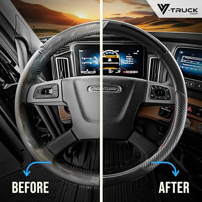 18-Inch Genuine Leather Steering Wheel Cover for Semi Trucks – Black with Black Stripes, Universal Fit Heavy-Duty Non-Slip Grip, Comfortable Control, Easy Installation