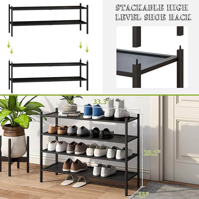 BMOSU 4-Tier Bamboo Extended Shoe Rack Premium Stackable Shoe Shelf Storage Organizer for Hallway Closet Living Room Entryway