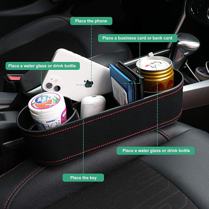 Car Seat Organizer Cup Drink Holders,Multifunctional Gap Filler Storage Box,Insert Organization Helps Reduce Distracted Driving&Holds Phone Mount Mug Bottle Cellphones Coasters Wallet Cards (Black)