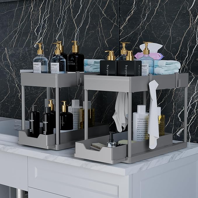 DEKAVA Under Sink Organizer 2 Pack，Bathroom Cabinet Organizer，2 Tier Sliding Cabinet Basket Organizer Drawer, Multi-Purpose B