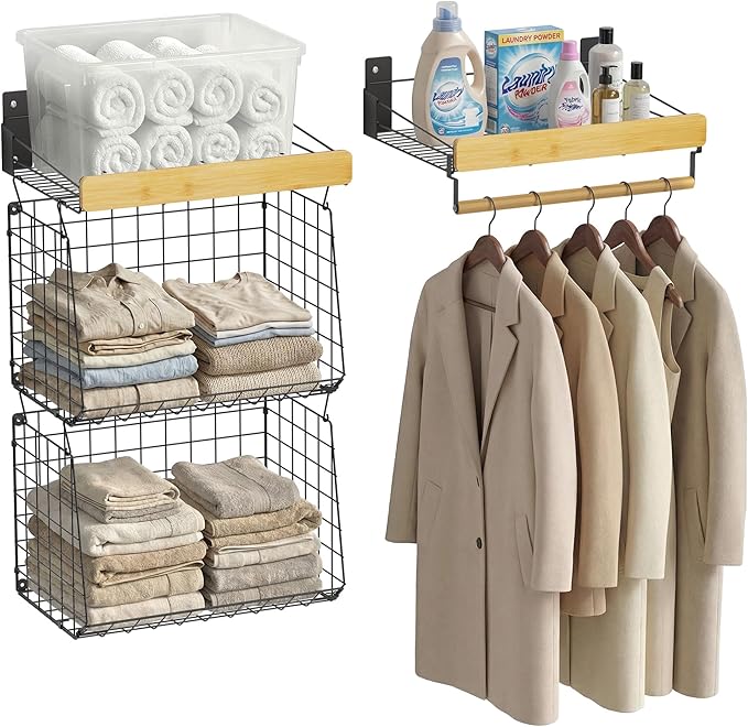 Wall Mounted Laundry Room Shelves, Wire Baskets with 8 Hooks and Hanging Rod, Over The Washer and Dryer Shelf, Drying Rack, L