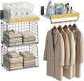 Wall Mounted Laundry Room Shelves, Wire Baskets with 8 Hooks and Hanging Rod, Over The Washer and Dryer Shelf, Drying Rack, L