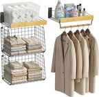 Wall Mounted Laundry Room Shelves, Wire Baskets with 8 Hooks and Hanging Rod, Over The Washer and Dryer Shelf, Drying Rack, L