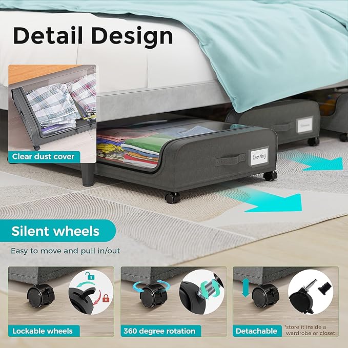 oylik 4 Pack Under Bed Storage with Wheels, Under Bed Shoe Storage Larger Capacity with PVC Clear Window & Label, Under the B