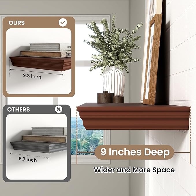 Axeman 48 Inch Floating Shelves for Wall, 9.3" Deep Crown Molding Wood Display Shelf with Heavy Duty Invisible Brackets for L