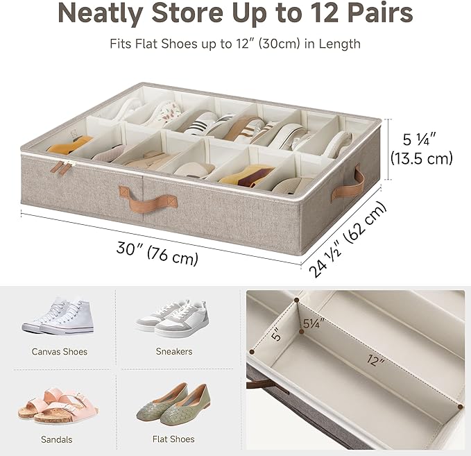 StorageWorks Shoe Organizer for Closet, Fits up to 24 Pairs, 2-Pack Ultra-thick Fabric Under Bed Shoe Storage Containers with