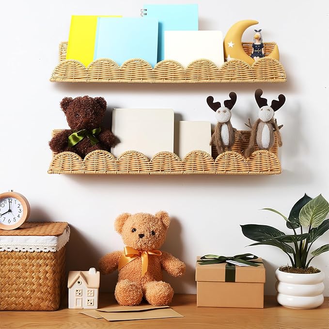 Pinkunn 4 Pcs Nursery Book Shelves 23.6 Inch Rattan Scalloped Floating Bookshelves Wicker Boho Book Shelf for Wall Mounted De