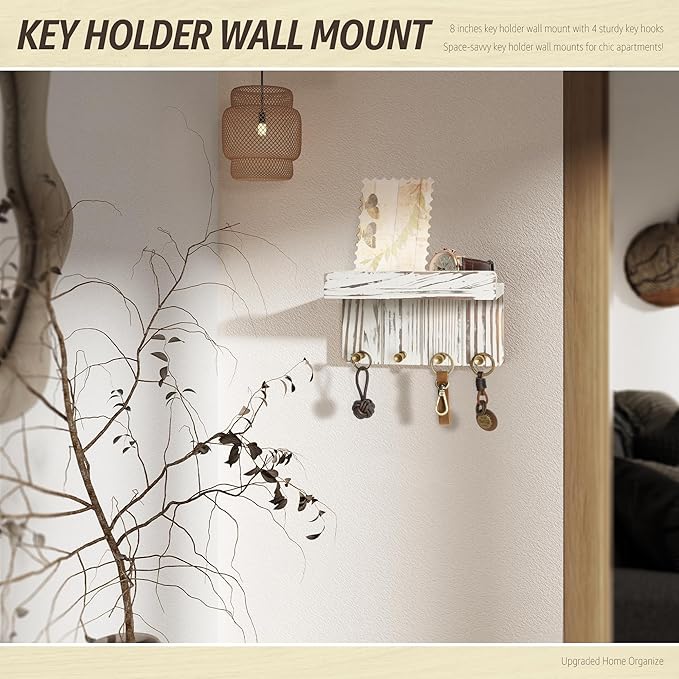 Rebee Vision Farmhouse Key Holder Wall Mount - Decorative Key and Mail Holder for Wall with Small Floating Shelf and 4 Key Ho