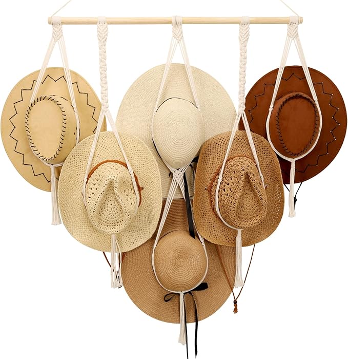 ZYP Macrame Hat Hanger Boho Hat Rack for Wall Hat Holder Display Organizer Bobo Hanging Hat Organizer Storage for Wide Brim H
