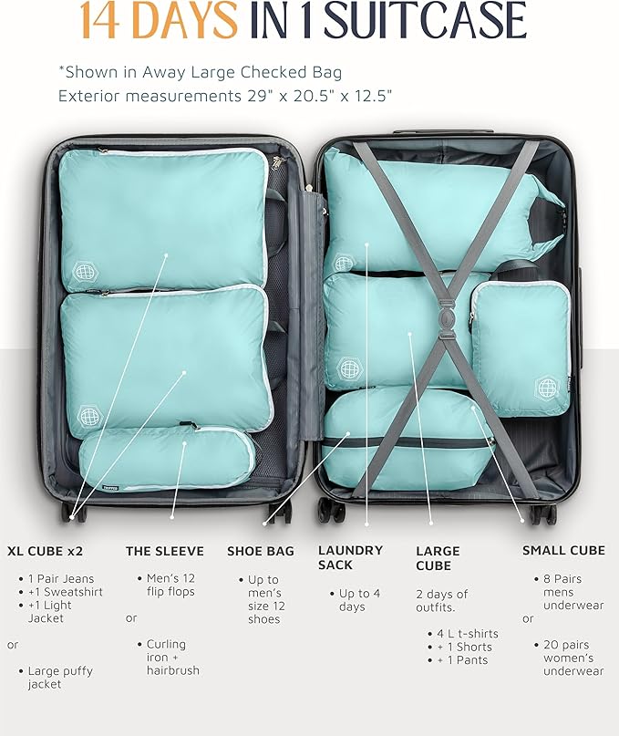 TRIPPED XL Compression Packing Cubes — 7-Piece Set for Checked Luggage | Extra-Large (15.7"×11"×4") + Large + Small + Tube + 