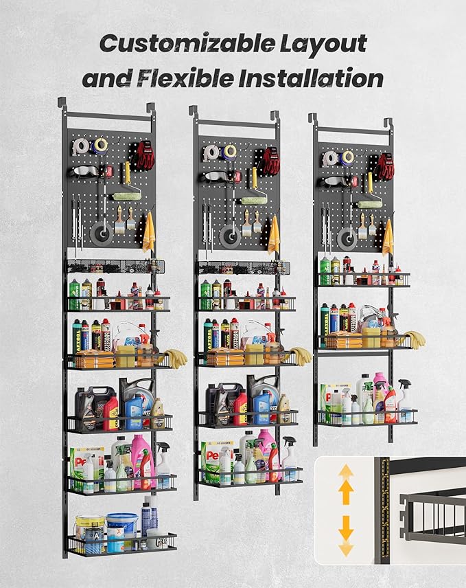 mustry Over The Door Garage Organizer, Behind The Door Storage with PegBoards and Baskets for Cleaning Supplies, Car Care, Sp