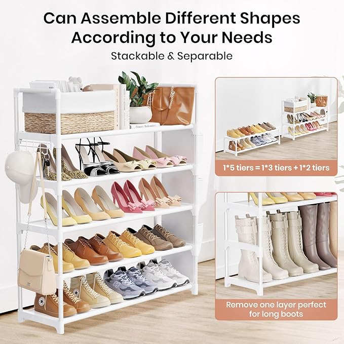 VILICK Shoe Rack for Closet Shoe Organizer Space Saver Storage for 20-25 Pair Shoe Shelf with Hook and Side Pocket Free Stand