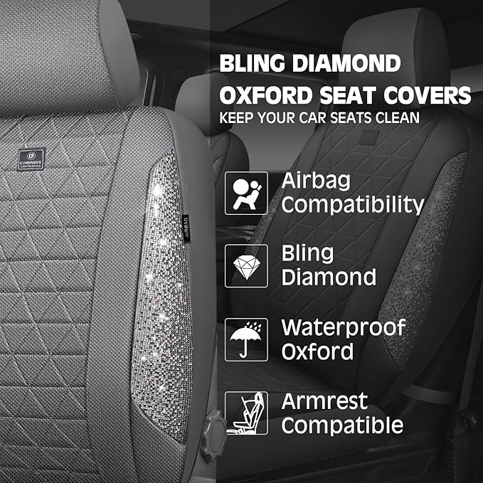 CAR PASS Gray Oxford Bling Diamond Car Seat Covers Full Set Interior Sets, Waterproof Shining Glitter Sparkly Crystal Univers