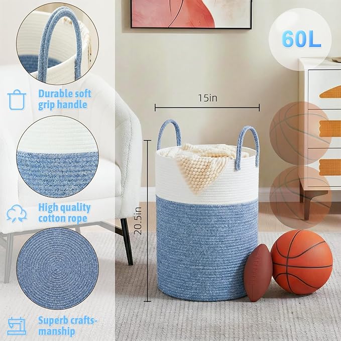 Laundry Basket,Woven Cotton Rope Laundry Hamper,60L for Decor Storage of Dirty Clothes,Toys and Blankets in Bathroom,Baby Roo