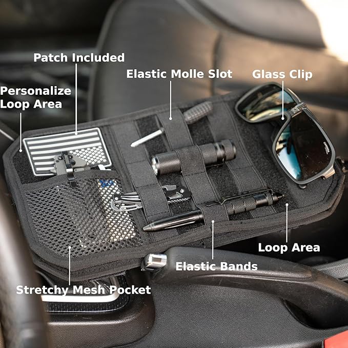 Car Visor Organizer, Sun Visor Organizer for Trucks Cars SUVs, Tactical Car Accessories with Zipper Visor Storage Pouch, Glasses Clip and Card Sleeve Pocket, Molle Visor Organizer with Panel (Black)