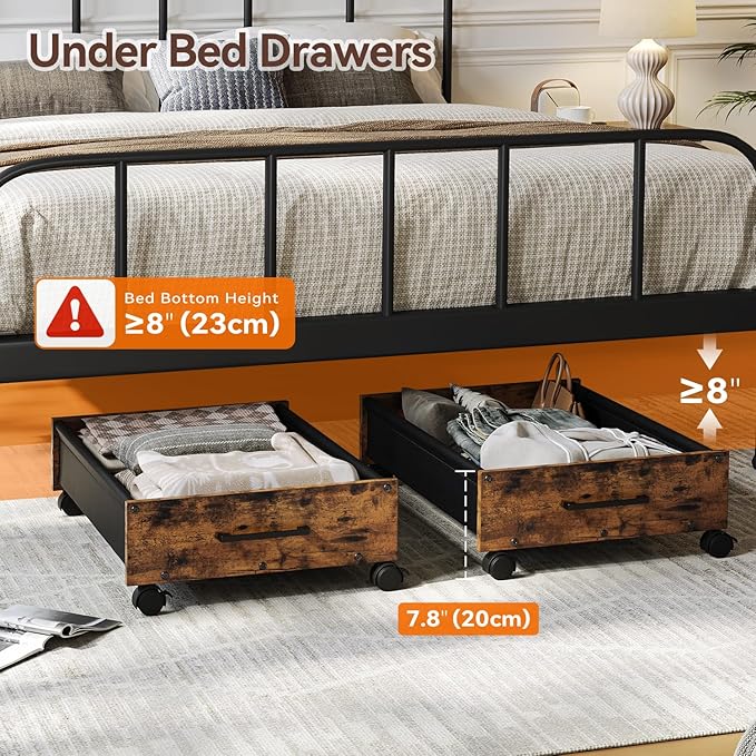 Under Bed Storage with Wheels, Wooden Under Bed Drawers On Wheels, Rolling Under Bed Shoe Storage, Space Saving, Rustic Brown
