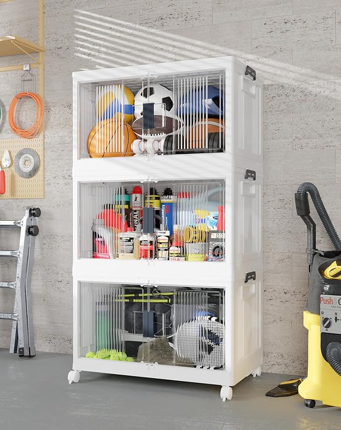 OlarHike 97QT Stackable Storage Bins with Lids - Folding Storage Box with Doors and Wheels, Collapsible Plastic Storage Drawe
