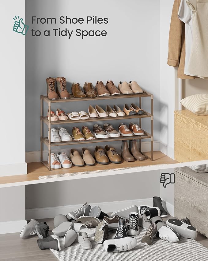 SONGMICS Shoe Rack, 3-Tier Shoe Organizer, Metal Storage Shelf, Upright or Upside Down, for 16-20 Pairs, Stackable, for Entry