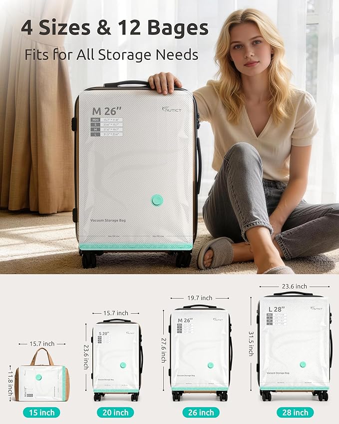NUTICT 12 Pack Vacuum Storage Bags for Travel with Rechargeable Electric Pump, Long-Term Reusable Vacuum Seal Bags for Clothe