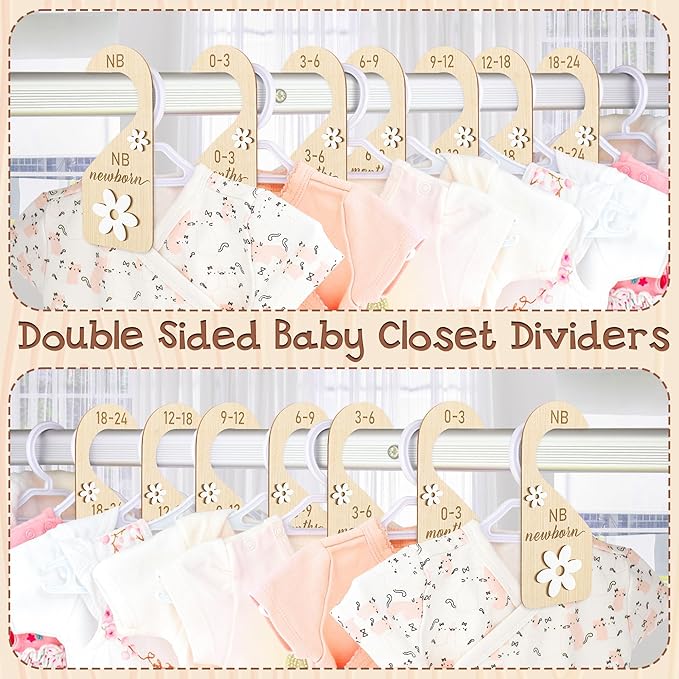 R HORSE Wooden Baby Closet Dividers - 8Pcs Double-Sided 3D Daisy Nursery Closet Organizer Baby Clothes Size Hanger Dividers N