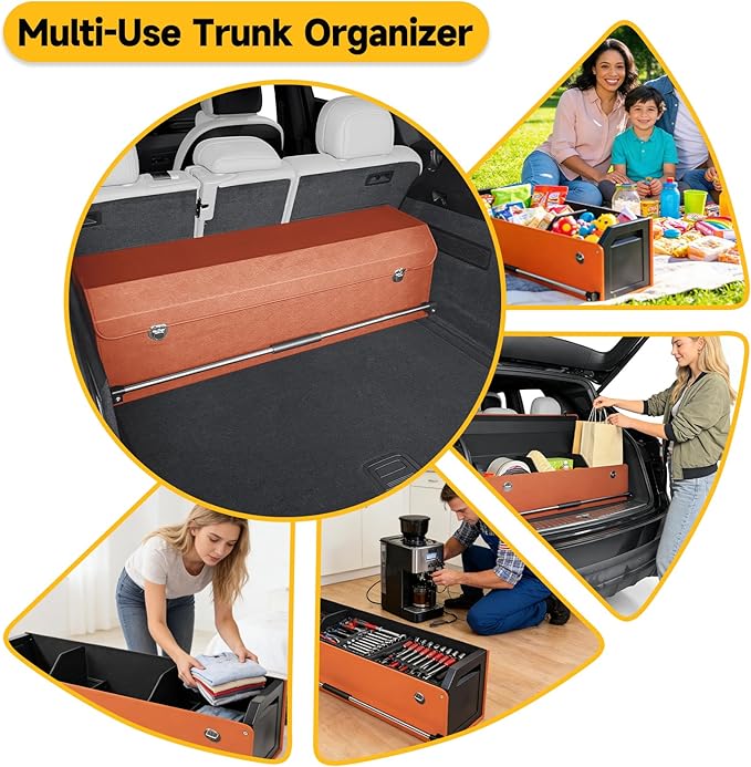 Car Trunk Organizer, Collapsible Sturdy Trunk Storage Container with Lid and Handle Large Leather Car Trunk Storage (Orange, 39