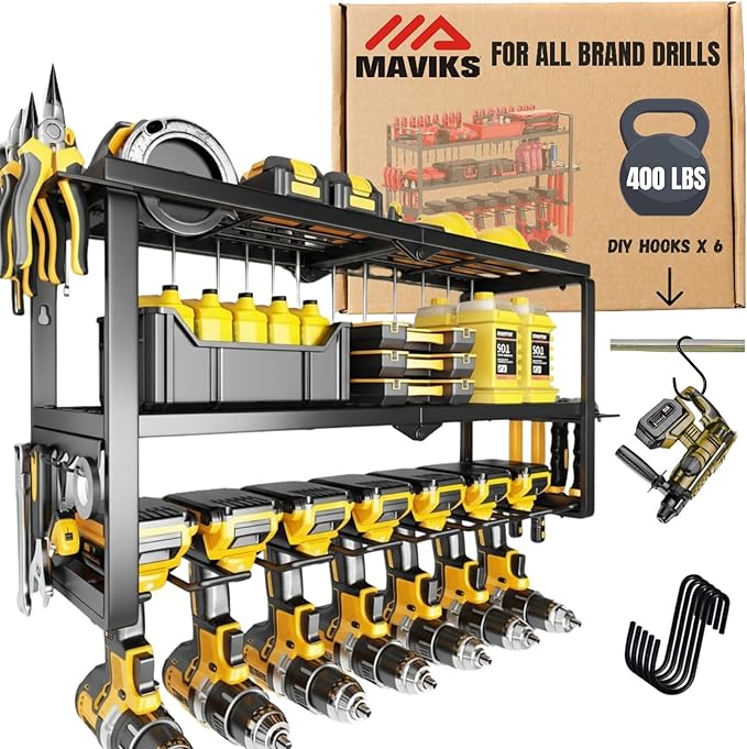 3 Shelf 7 Drill Holder Power Tool Organizer Wall Mount, Tool Storage Rack for Garage, Pegboard, Workshop walls | Compatible f