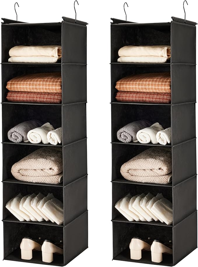 MAX Houser 6 Tier Shelf Hanging Closet Organizer, Closet Hanging Shelf with 2 Sturdy Hooks for Storage, 2 Pack, Foldable (Bla