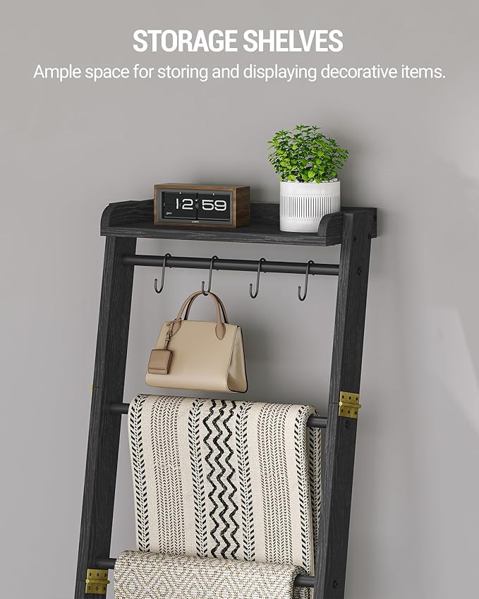 Hzuaneri Blanket Ladder Shelf, Decorative Quilt Rack, 7-Tier Farmhouse Ladder Holder Organizer with 4 Removable Hooks 7.9" D 