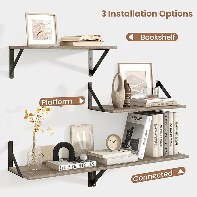 Axeman Floating Shelves for Wall, 16W x 8D Floating Shelves Set of 2, 8 Inch Deep Rustic Grey Wood Wall Mounted Shelves for F