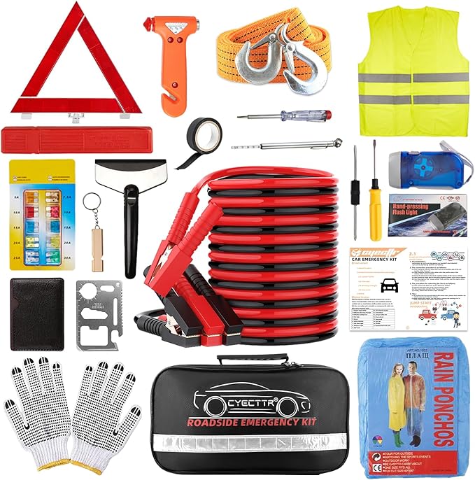 Car Roadside Emergency Kit,Auto Vehicle Truck Safety Emergency Road Side Assistance Kits with Jumper Cables,Safety Hammer,Ref