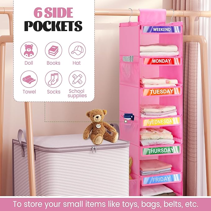 2 Pack 6-Shelf Weekly Clothes Organizer for Kids, Hanging Daily Closet Organization with 6 Side Pockets, Days of The Week Clo