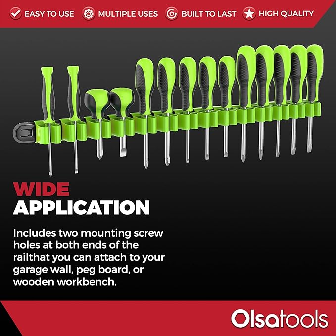 Olsa Tools Premium Wall-Mount Screwdriver Organizer - Black Nylon with Neon Green Clips - Holds 14 Screwdrivers - Part: 1031