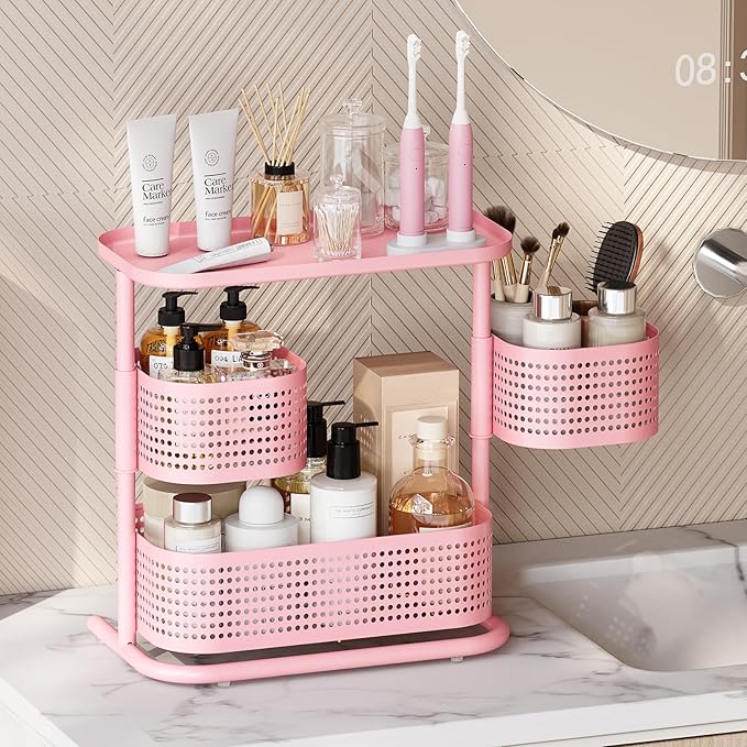 KINGRACK 3 Tier Pink Bathroom Counter Organizer, Rotating Makeup Organizer for Vanity, Perfume & Skincare Standing Shelf, Van