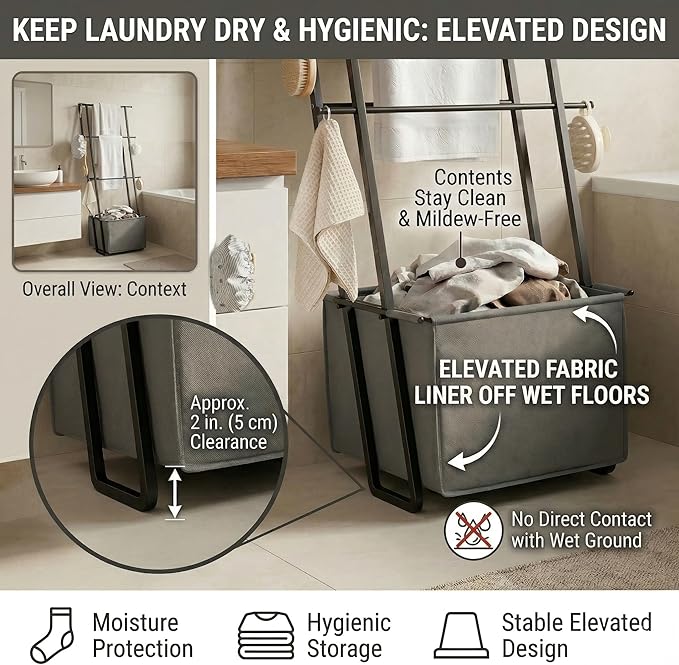2-in-1 Leaning Blanket Ladder with Storage Basket, Matte Black Metal Towel Rack Stand, Drill-Free Space Saving Organizer for 