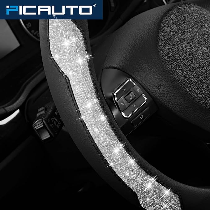 PIC AUTO Steering Wheel Cover, Silver Sparkly Crystal Bling Glitter with Leather, Universal Fit 14.5"-15.5" Car Steering Whee